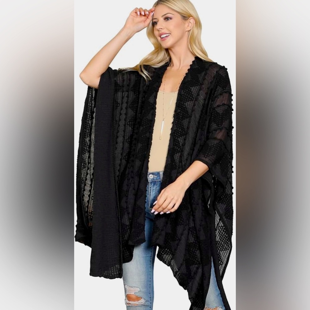 NWOT RIAH FASHION Bohemian Shawl Wrap Poncho - Kimono Cardigan Open Knit Crochet
